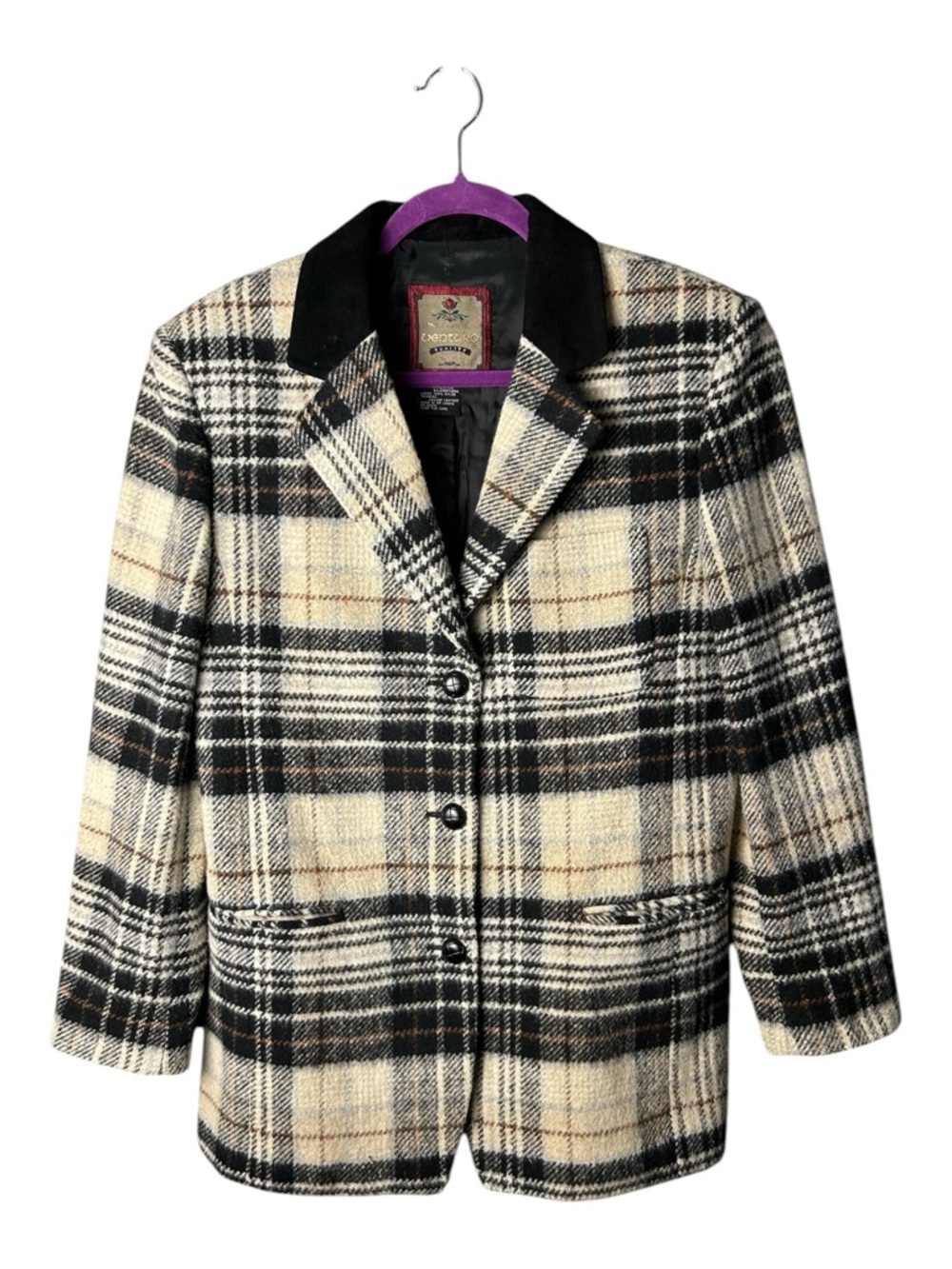 Ventara Black and Cream Plaid Tailored Blazer Size Medium